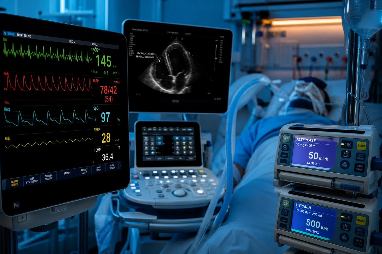 Cinematic ICU scene of a ventilated patient with a massive pulmonary embolism: a cardiac monitor showing sinus tachycardia and hypotension, a bedside echocardiogram showing RV dilatation with septal bowing and the McConnell sign, an alteplase infusion running, and a heparin pump, in cool clinical-blue lighting