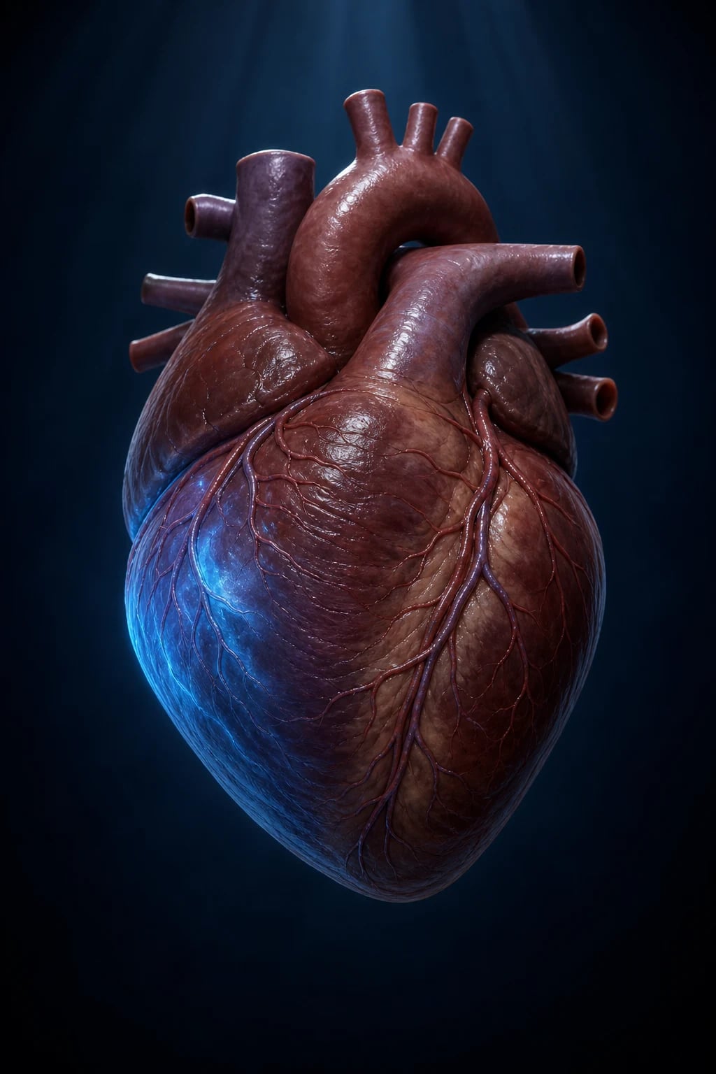 Cinematic ICU scene of an echocardiogram on the screen showing a markedly dilated right ventricle with septal flattening, a right heart catheterisation trace showing elevated pulmonary artery pressure, inhaled nitric oxide and a prostacyclin infusion on the trolley, clinical-blue lighting, medical educational, no faces, no text