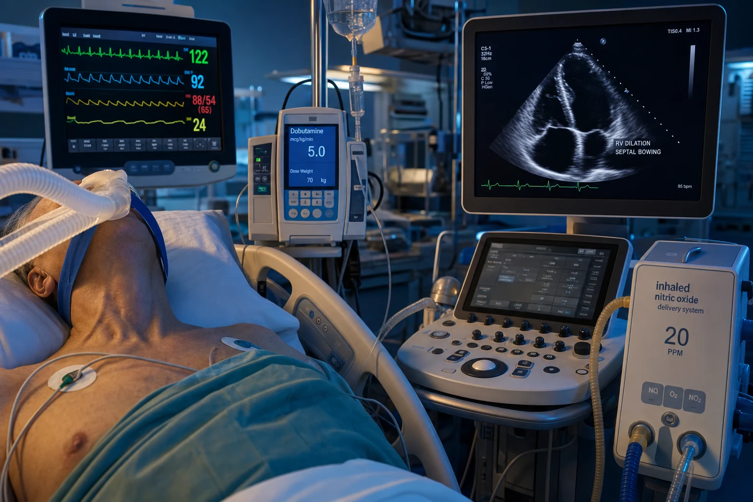 Cinematic ICU scene of a patient with severe pulmonary hypertension and cor pulmonale, a low-output tachycardia on the monitor, a raised JVP, an echo showing a dilated RV with septal bowing, an iNO system and an inotrope infusion, clinical-blue lighting