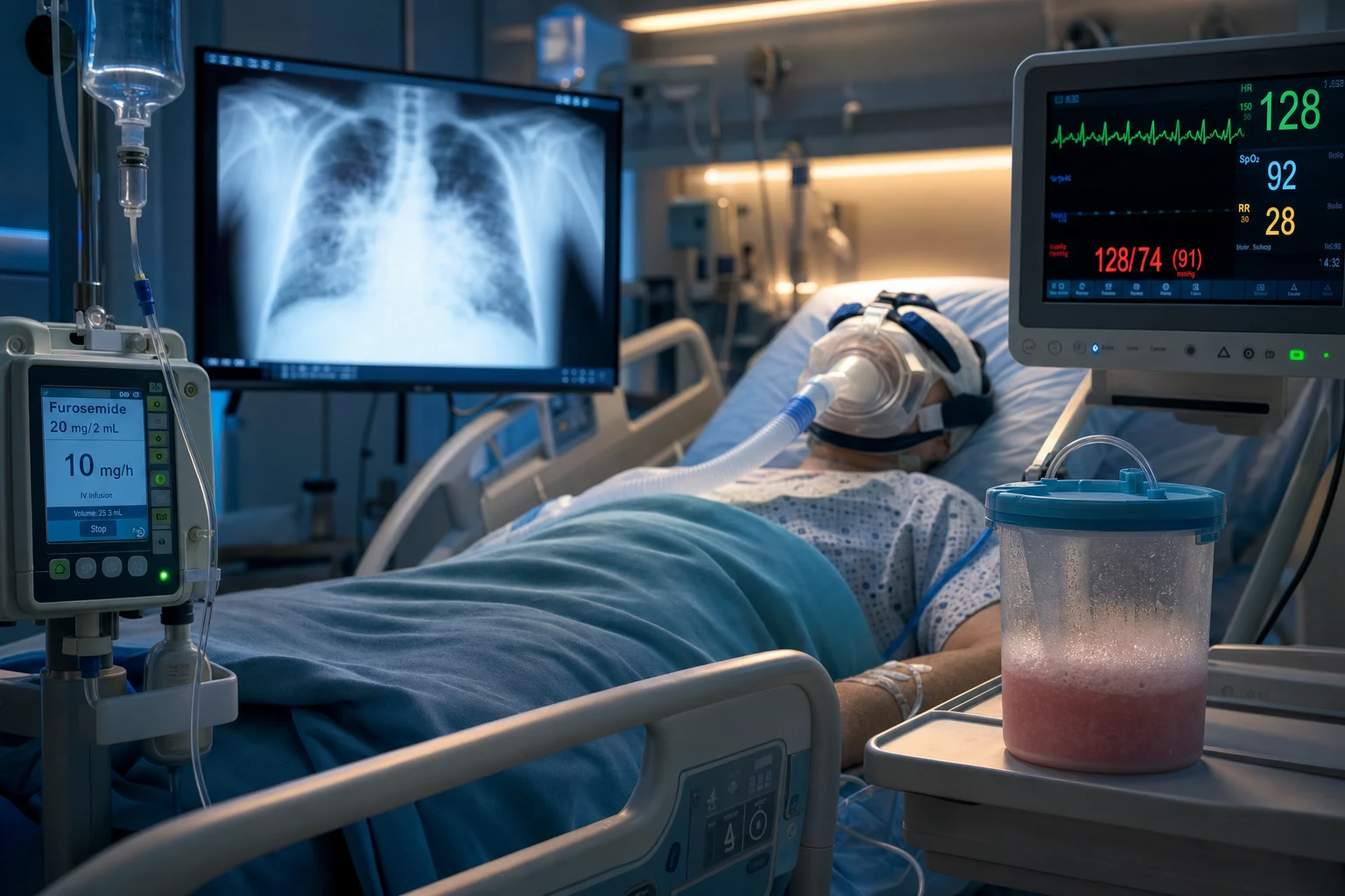 Cinematic ICU scene of a patient receiving CPAP via a full-face mask for acute cardiogenic pulmonary oedema, a frothy-sputum pot, a tachycardic monitor, an IV furosemide infusion, a CXR on screen showing perihilar bat-wing infiltrates, clinical-blue lighting
