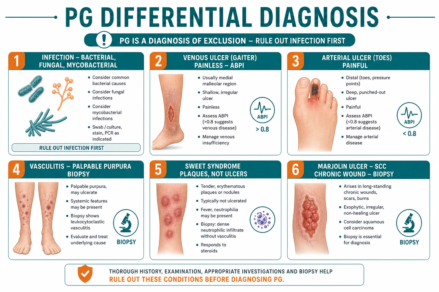 Six differential diagnoses of pyoderma gangrenosum: infection (culture and biopsy first), venous ulcer (gaiter, painless, ABPI normal), arterial ulcer (toes, painful, ABPI low), vasculitis (palpable purpura, biopsy), Sweet syndrome (tender plaques, no ulcer), Marjolin (SCC in chronic wound, biopsy edge). PG is a diagnosis of exclusion