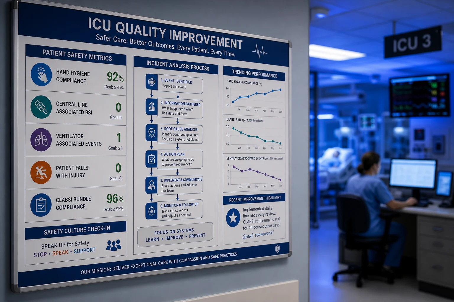 ICU quality improvement board with patient safety metrics, an incident analysis flowchart, a PDSA cycle and fishbone diagram on a wall, clinical-blue lighting, professional mood