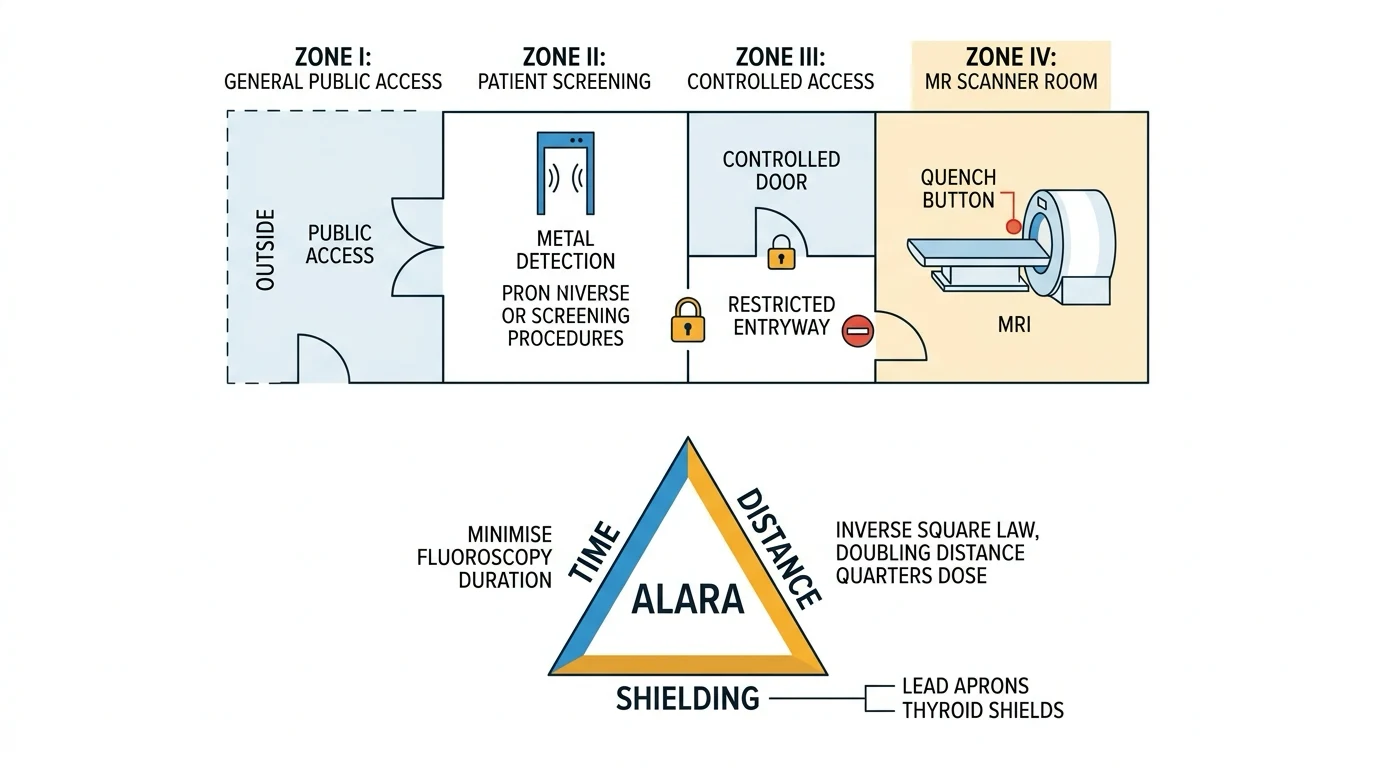 ALARA radiation protection infographic for ICU: time, distance inverse-square law, shielding with lead apron, typical CXR versus CT doses, pregnancy precautions, clinical-blue educational diagram