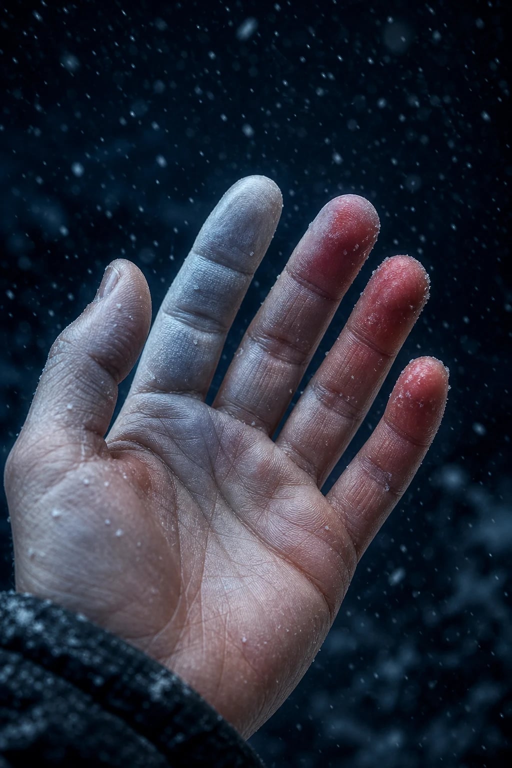 Cinematic 3D close-up of a hand in cold conditions with fingertips turning white then blue at the tips, a few fingers reddening as blood returns, against a deep navy snowy background