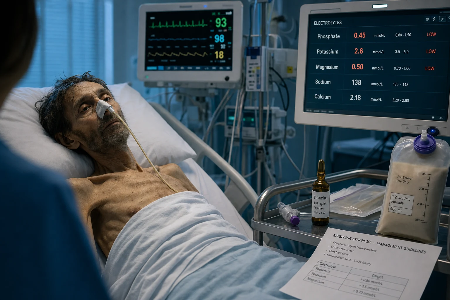 Cinematic ICU scene of refeeding syndrome — a starved patient beginning to feed, a falling phosphate, magnesium and potassium on the metabolic panel, thiamine before the carbohydrate, clinical-blue lighting, medical educational, no faces, no text