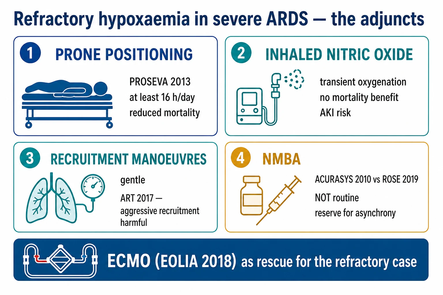 Four-box 2x2 grid infographic on a white clinical-blue background: PRONE POSITIONING (PROSEVA 2013, at least 16 h/day, reduced mortality); INHALED NITRIC OXIDE (transient oxygenation, no mortality benefit, AKI risk); RECRUITMENT MANOEUVRES (gentle; ART 2017 — aggressive recruitment harmful); NMBA (ACURASYS 2010 vs ROSE 2019 — NOT routine; reserve for asynchrony); bottom banner 'ECMO (EOLIA 2018) as rescue for the refractory case'. Flat vector illustration, crisp typography.