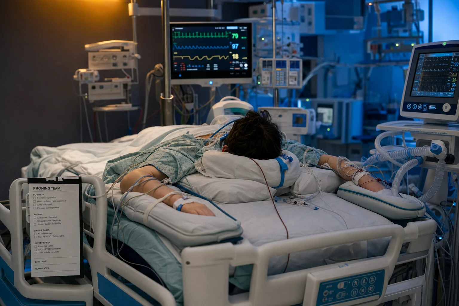 Cinematic ICU scene of a ventilated patient in the prone face-down position on a specialised ICU bed with careful padding, arms in a swimmer's position, the ventilator circuit and lines managed, a cardiac monitor and a proning-team note at the bedside, clinical-blue lighting