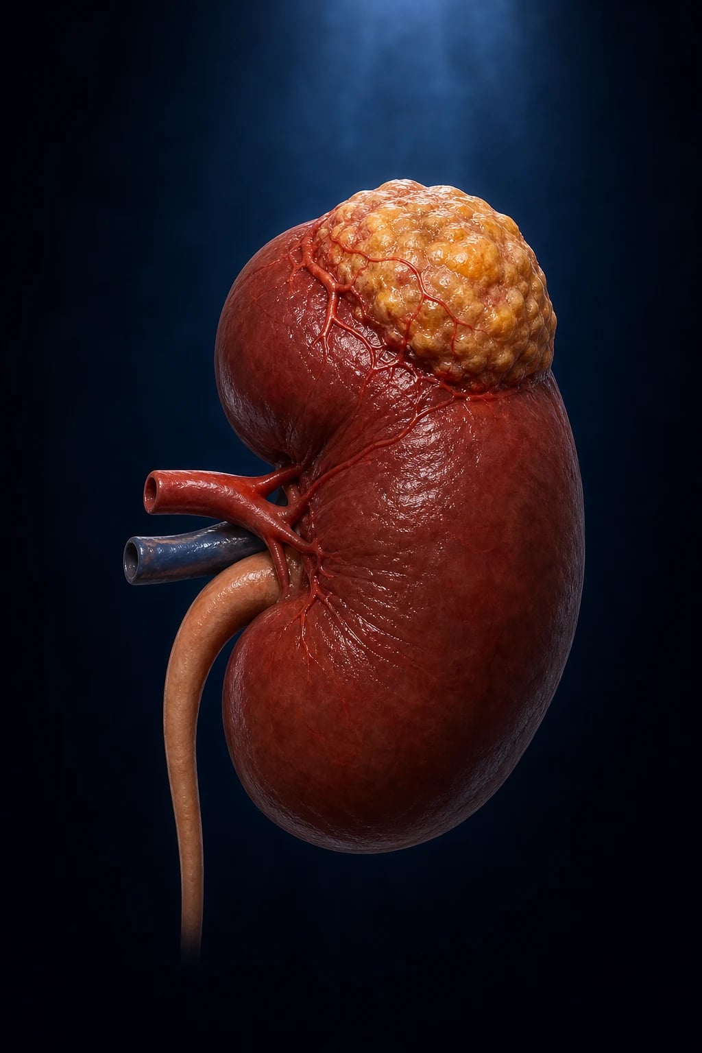 Cinematic 3D anatomical illustration of a kidney with a golden-yellow vascular solid upper-pole tumour invading the renal vein, against a deep navy background