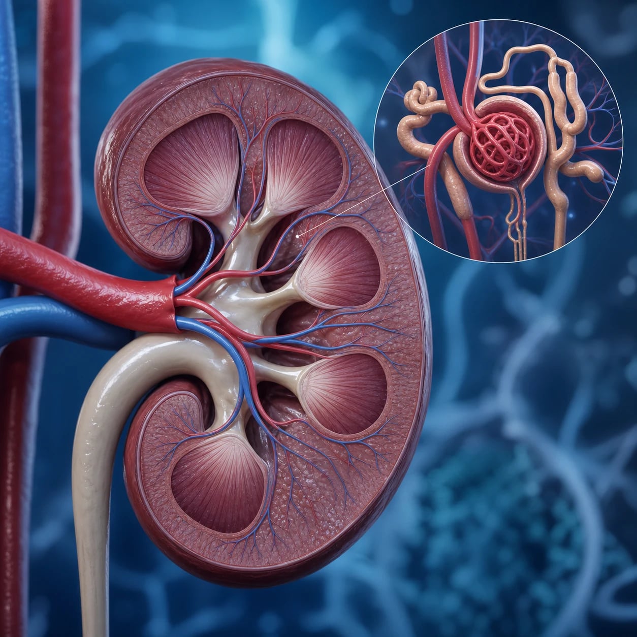 Medical infographic on white clinical-blue, flat vector, crisp typography. Nephron segments glomerulus, proximal tubule bulk reabsorption, loop Na-K-2Cl cotransporter, distal tubule thiazide site, collecting duct aldosterone-ENaC and ADH-aquaporin. Dual capillary portal system afferent to glomerulus to efferent to peritubular. Juxtaglomerular apparatus macula densa and renin. Ureter constrictions pelviureteric, iliac, vesicoureteric. Banner reads 'Correct magnesium before potassium'.
