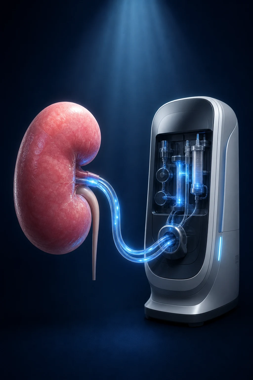 Cinematic 3D render of a kidney connected by luminous lines to a sleek dialysis-style device, against a deep navy background