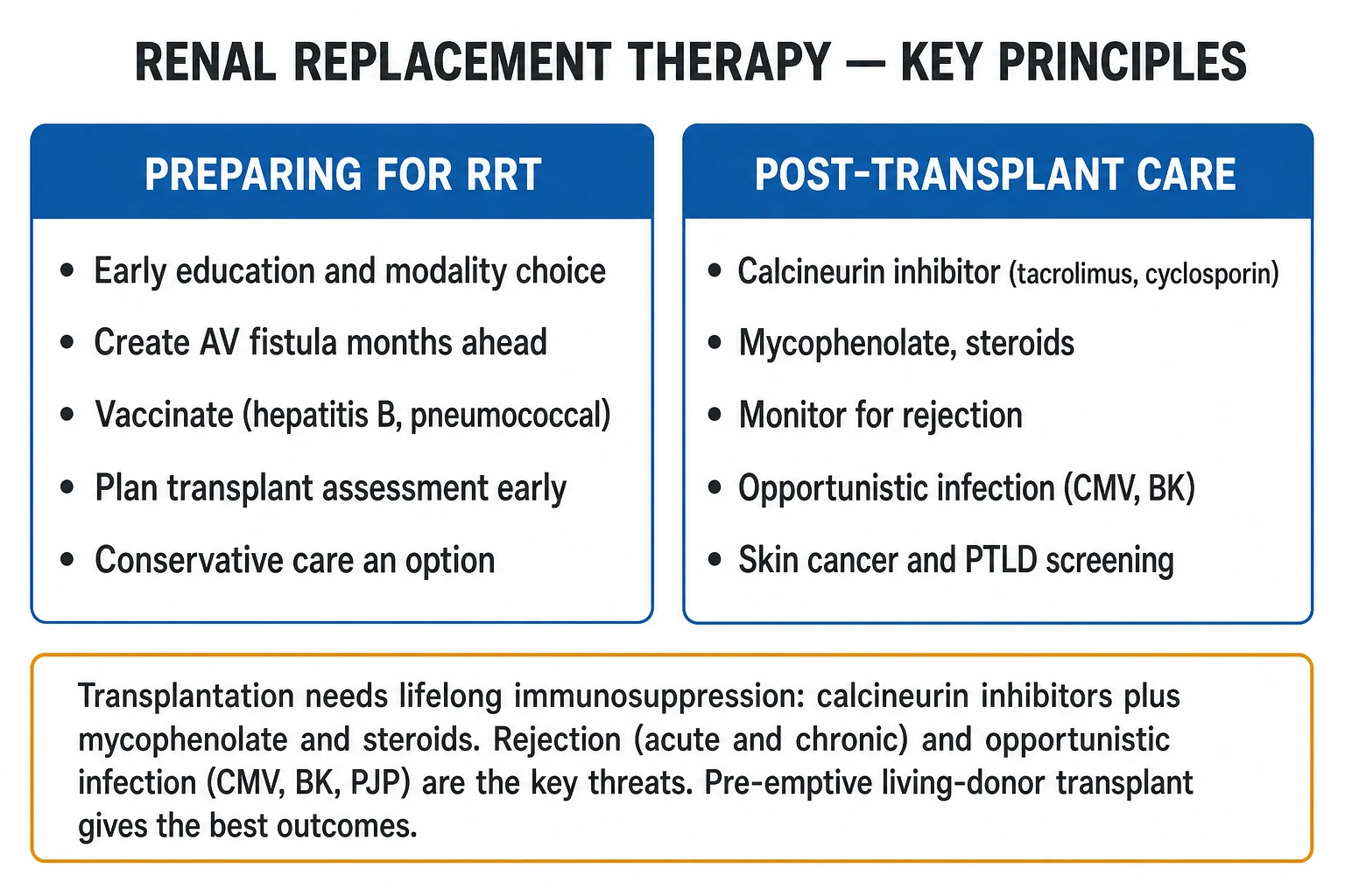 Clean infographic: indications to start RRT (AEIOU), HD adequacy targets, PD adequacy, transplant immunosuppression regimen and post-transplant threats