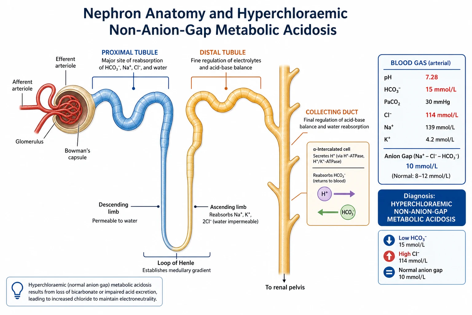 Clean medical illustration of a kidney nephron with the proximal tubule and the distal tubule and the collecting duct highlighted, a small blood-gas readout showing a hyperchloraemic non-anion-gap metabolic acidosis, crisp educational labels