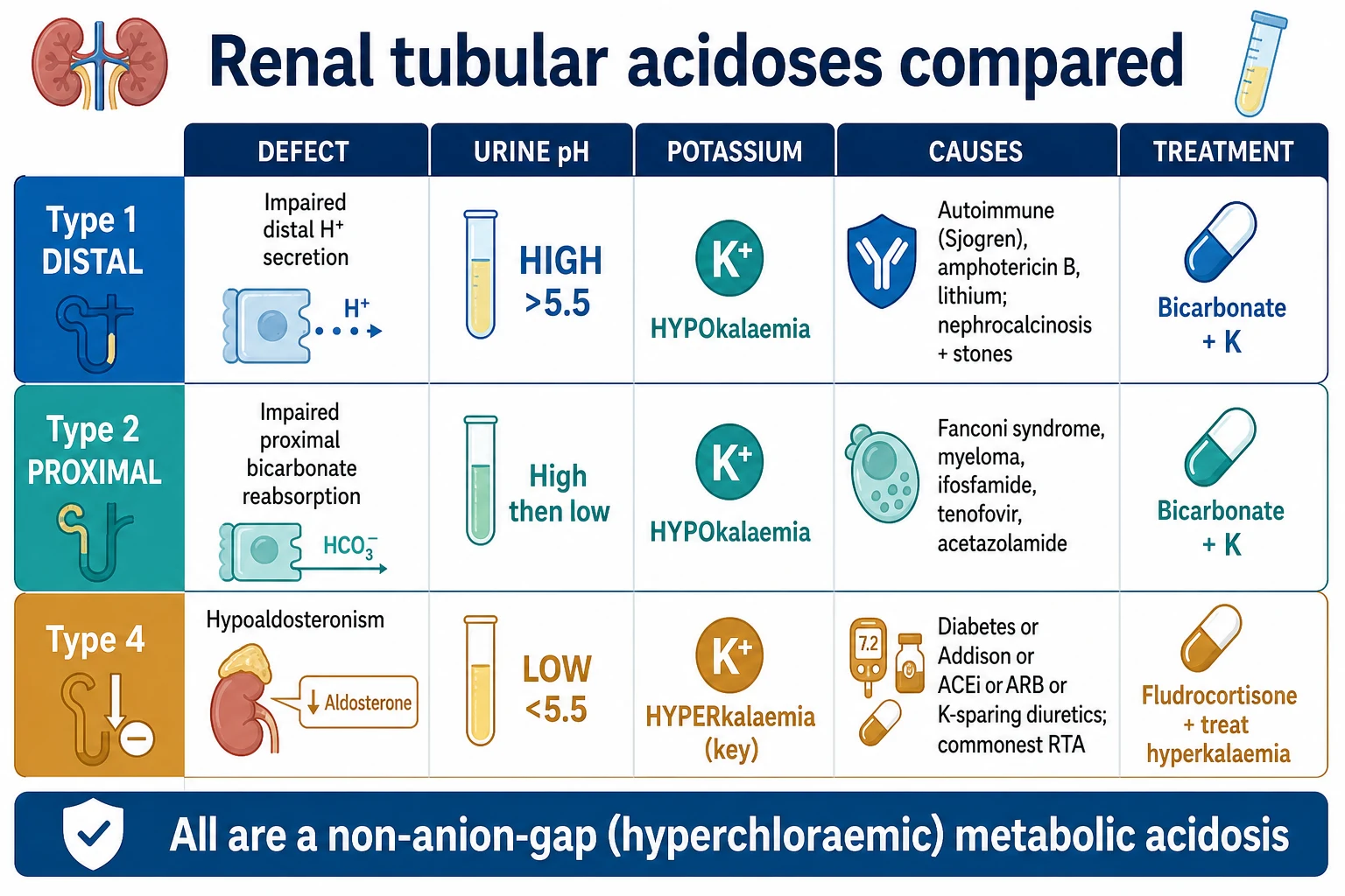 Three-row comparison matrix infographic (Type 1, Type 2, Type 4) across five columns: Defect, Urine pH, Potassium, Causes, Treatment. Type 1 distal: impaired distal H-plus secretion, urine pH HIGH over 5.5, HYPOkalaemia, autoimmune Sjogren/amphotericin B/lithium, nephrocalcinosis stones, bicarbonate plus K. Type 2 proximal: impaired proximal bicarbonate reabsorption, urine pH high then low, HYPOkalaemia, Fanconi/myeloma/ifosfamide/tenofovir/acetazolamide, bicarbonate plus K. Type 4: hypoaldosteronism, urine pH LOW under 5.5, HYPERkalaemia, diabetes/Addison/ACEi/ARB/K-sparing diuretics, commonest, fludrocortisone plus treat hyperkalaemia. Banner 'All are a non-anion-gap hyperchloraemic metabolic acidosis'. Flat vector illustration, crisp typography.