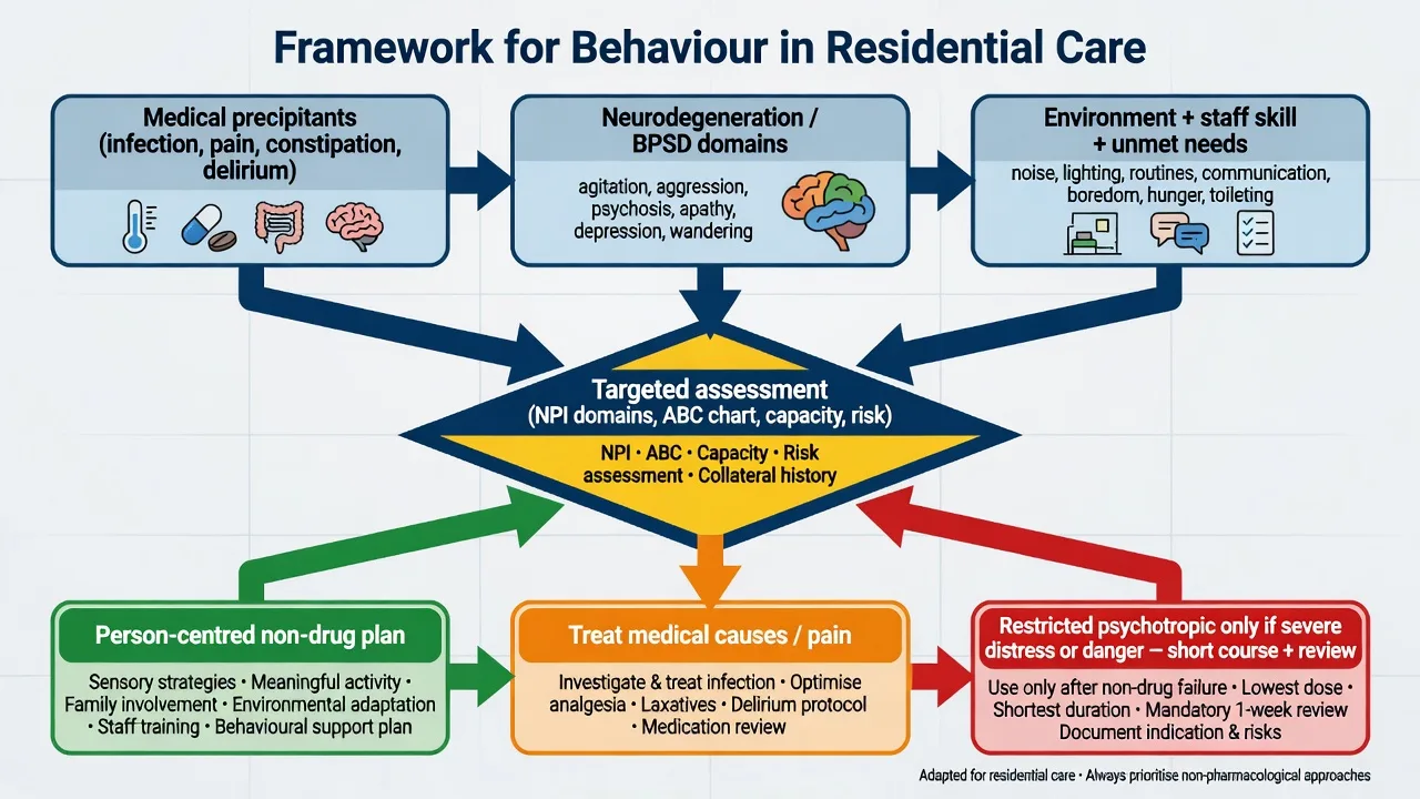 Framework flowchart for behavioural presentation in residential aged care merging medical BPSD and environmental drivers into targeted assessment