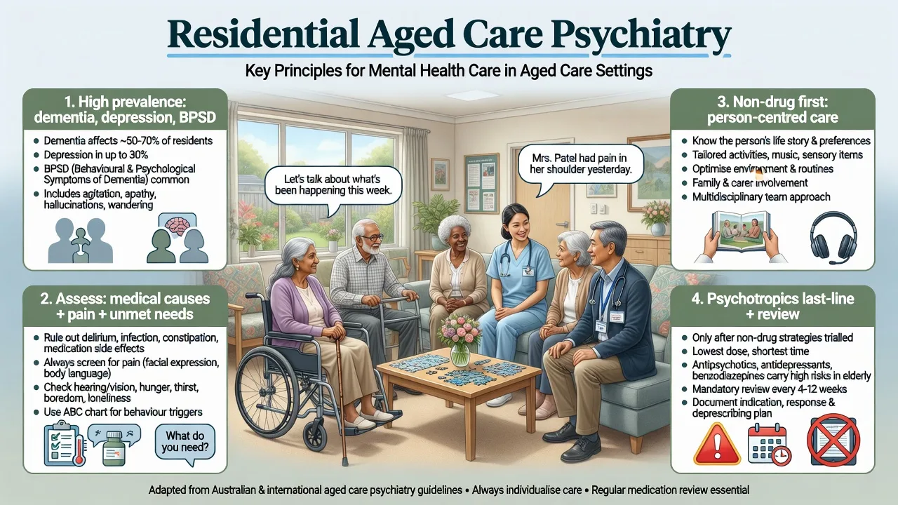 Stepwise management ladder for residential aged care psychiatry from medical screen through person-centred care to restricted psychotropics and escalation