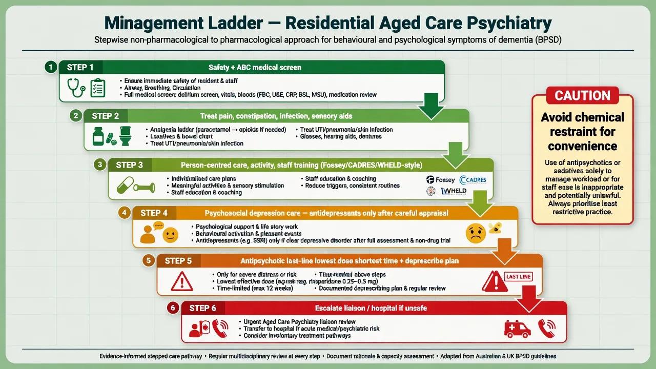 Multifactorial drivers of behavioural symptoms in residential aged care including pain delirium sensory impairment polypharmacy environment and staff skill