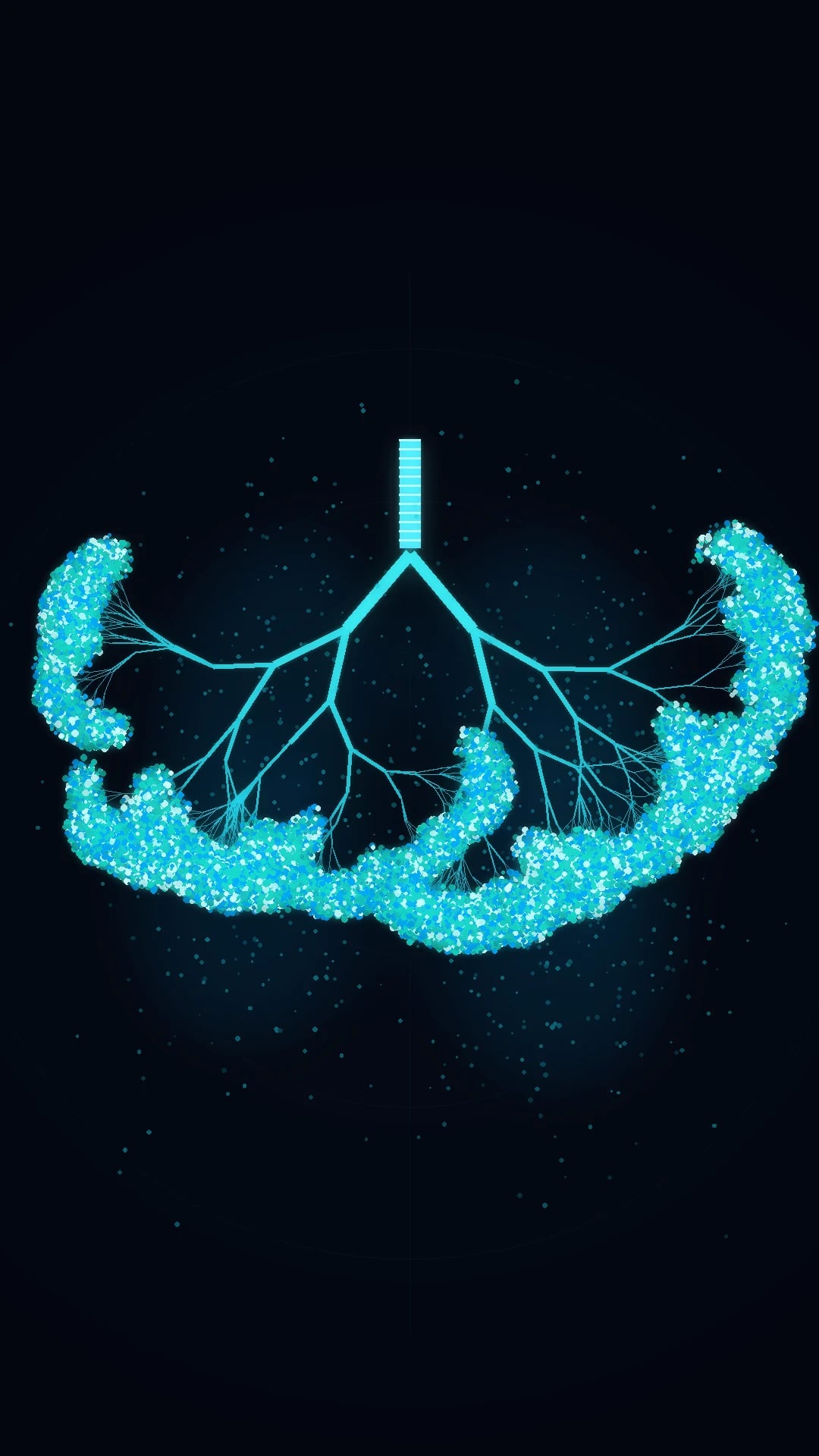 Cinematic illustration of human lungs mid-inflation, the bronchial tree branching to alveolar clusters, with a translucent pressure-volume curve and flow arrows conveying elastic stretch and airway resistance