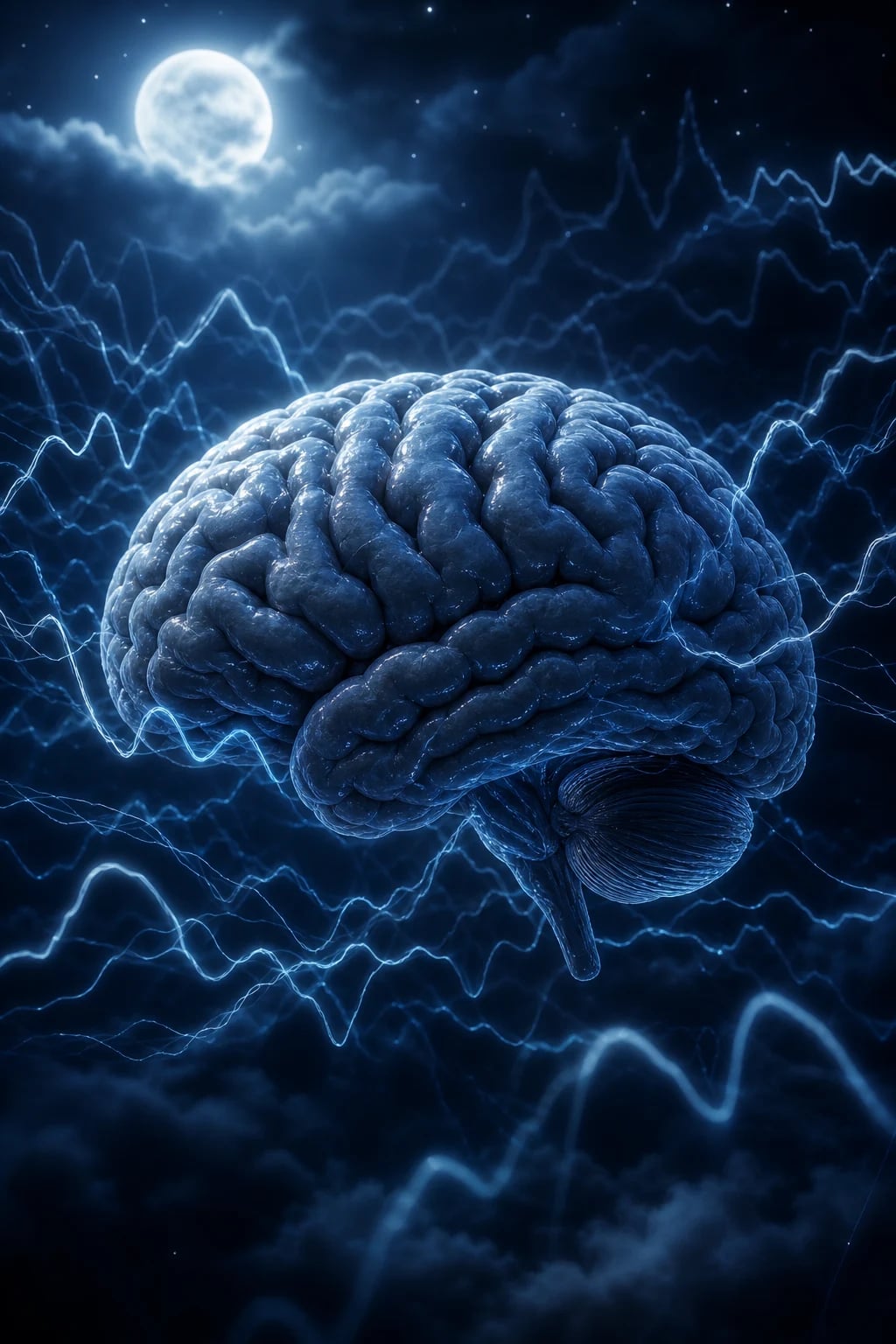 Cinematic 3D anatomical illustration of a brain at night with disrupted sleep patterns, against a deep navy background