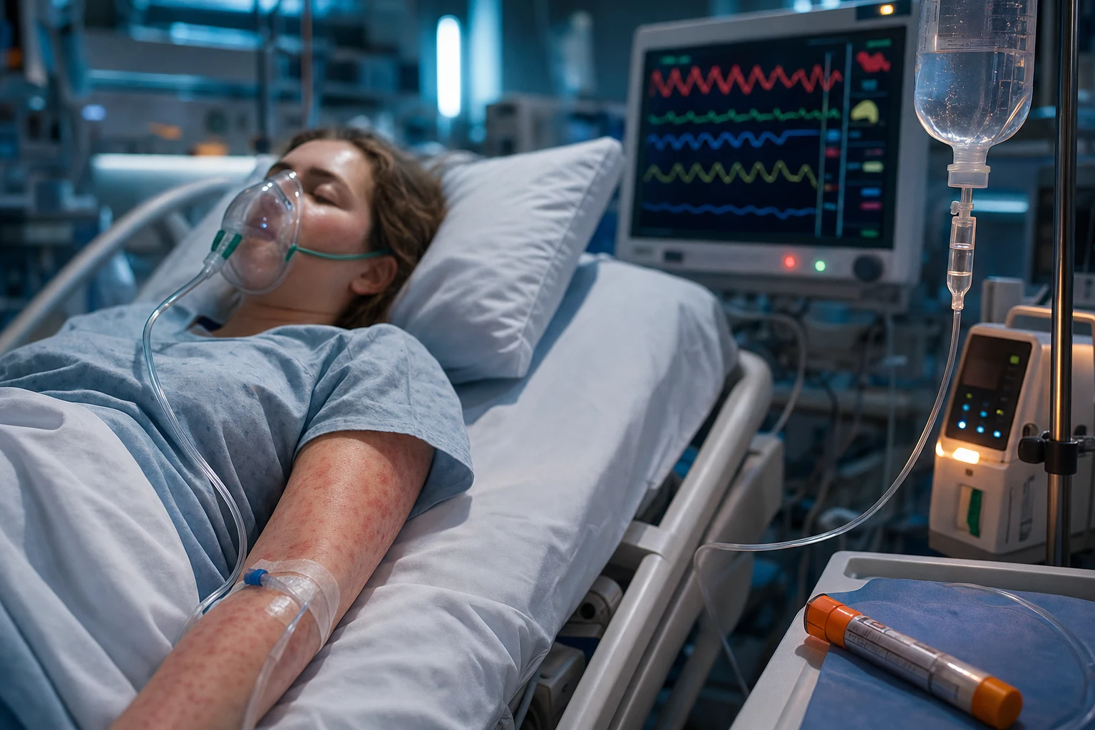 Cinematic ICU scene of a patient with a rash on the arm, oxygen mask, cardiac monitor tachycardia and hypotension, adrenaline auto-injector and IV adrenaline at the bedside, clinical-blue lighting