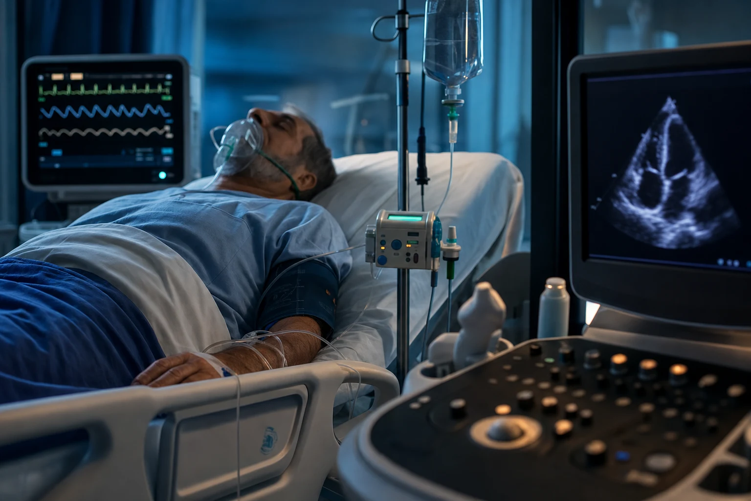 Cinematic ICU scene of a patient with oxygen mask, cardiac monitor showing weak irregular rhythm, inotrope infusion, echocardiography machine nearby, clinical-blue lighting