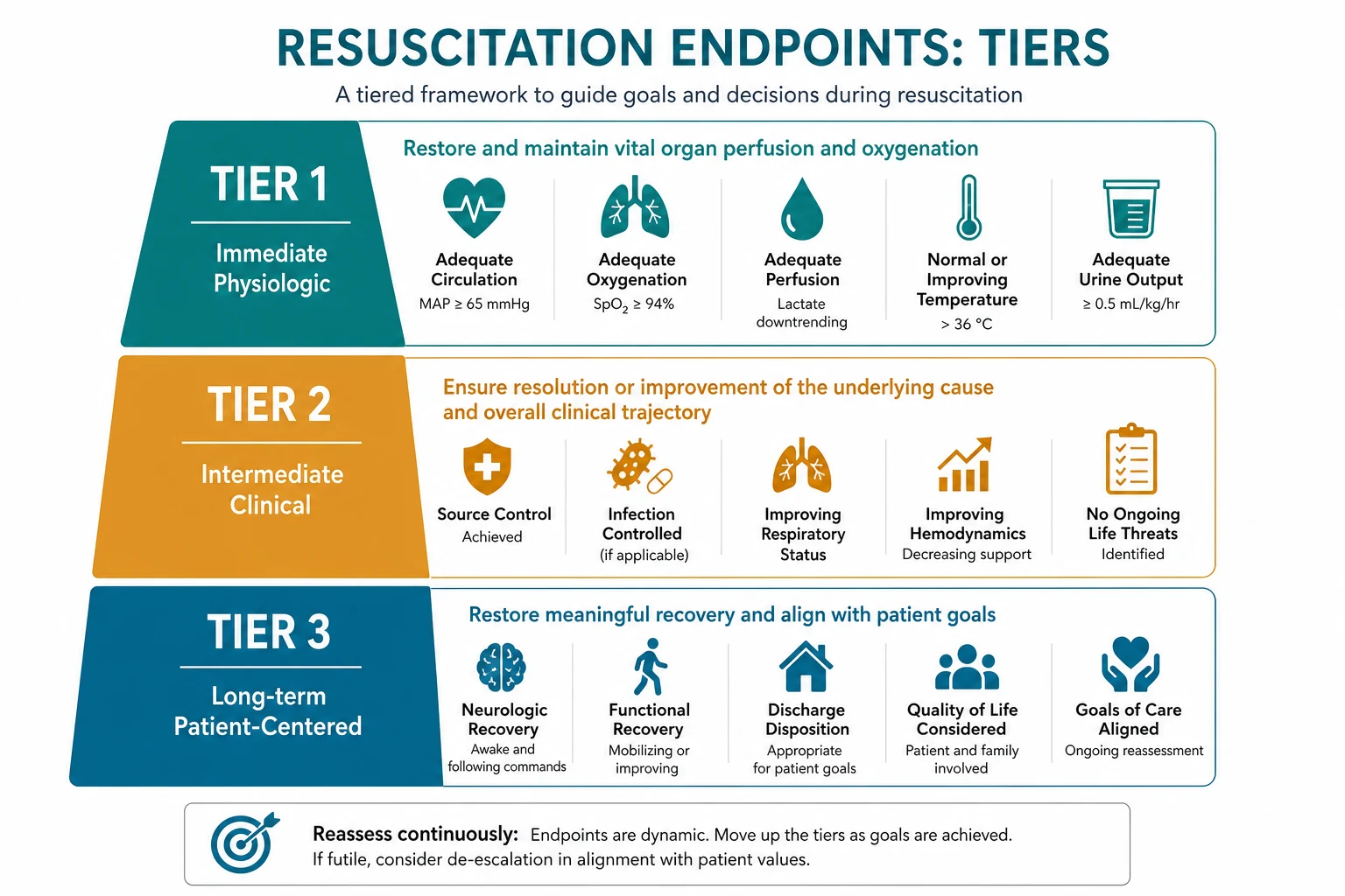 Three stacked rounded panels on a white clinical-blue background: Tier 1 Macro (heart MAP at least 65, kidney urine at least 0.5 mL/kg/h); Tier 2 Metabolic (lactate clearance at least 10 per cent per hour, ScvO2 at least 70 per cent); Tier 3 Peripheral perfusion (capillary refill at most 3 s, mottling score 0 to 5). Flat vector illustration, crisp typography.
