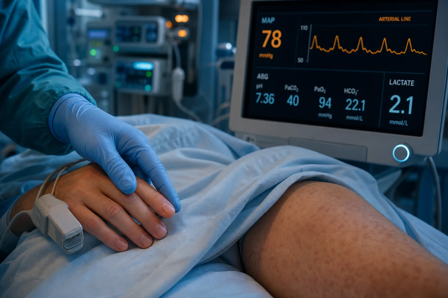 Cinematic ICU scene of a clinician pressing a patient's fingertip to assess capillary refill beside a monitor showing a MAP trace and a blood-gas lactate value, faint mottling on the knee, clinical-blue lighting
