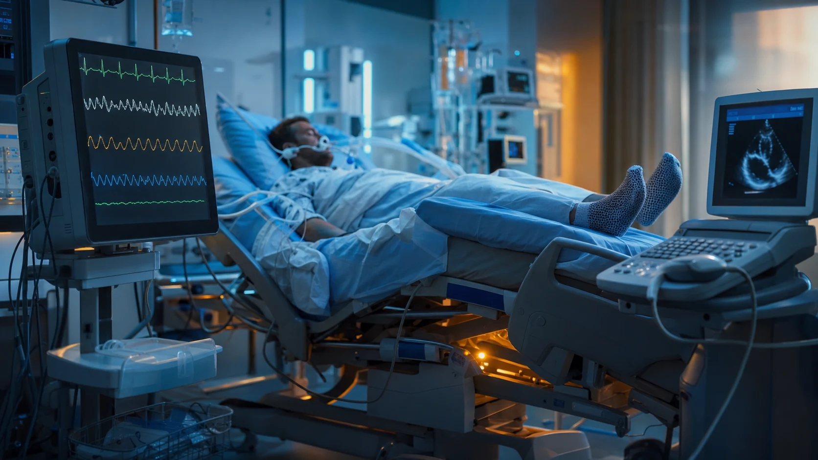 Cinematic ICU scene of a critically ill patient tilted semi-recumbent with legs being passively elevated, arterial and cardiac output waveforms on a monitor, an ultrasound probe on the chest, clinical-blue lighting
