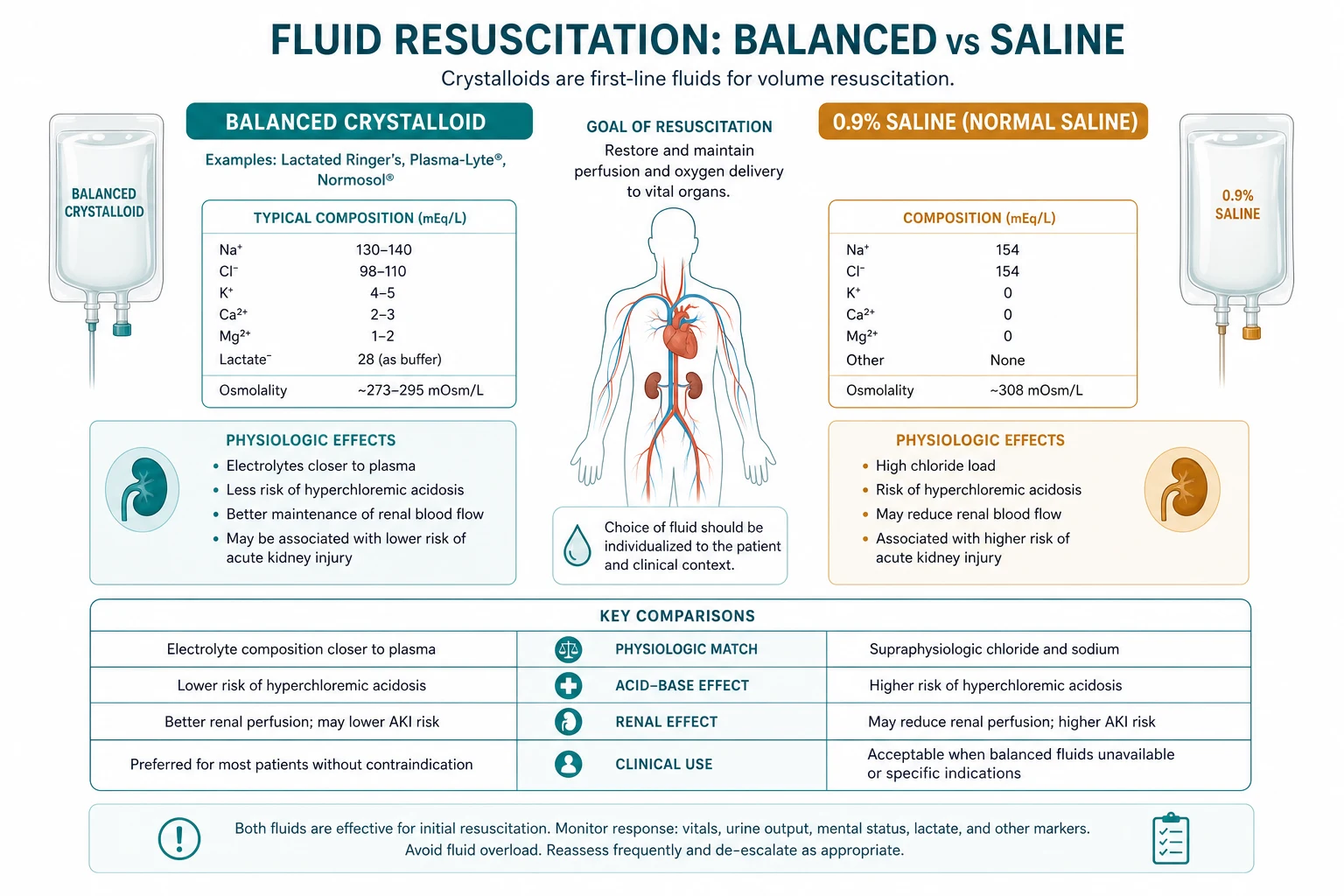 Two side-by-side IV bags with a versus symbol: LEFT balanced crystalloid (blue, green checkmark); RIGHT saline (orange, yellow warning triangle), on a white clinical-blue background