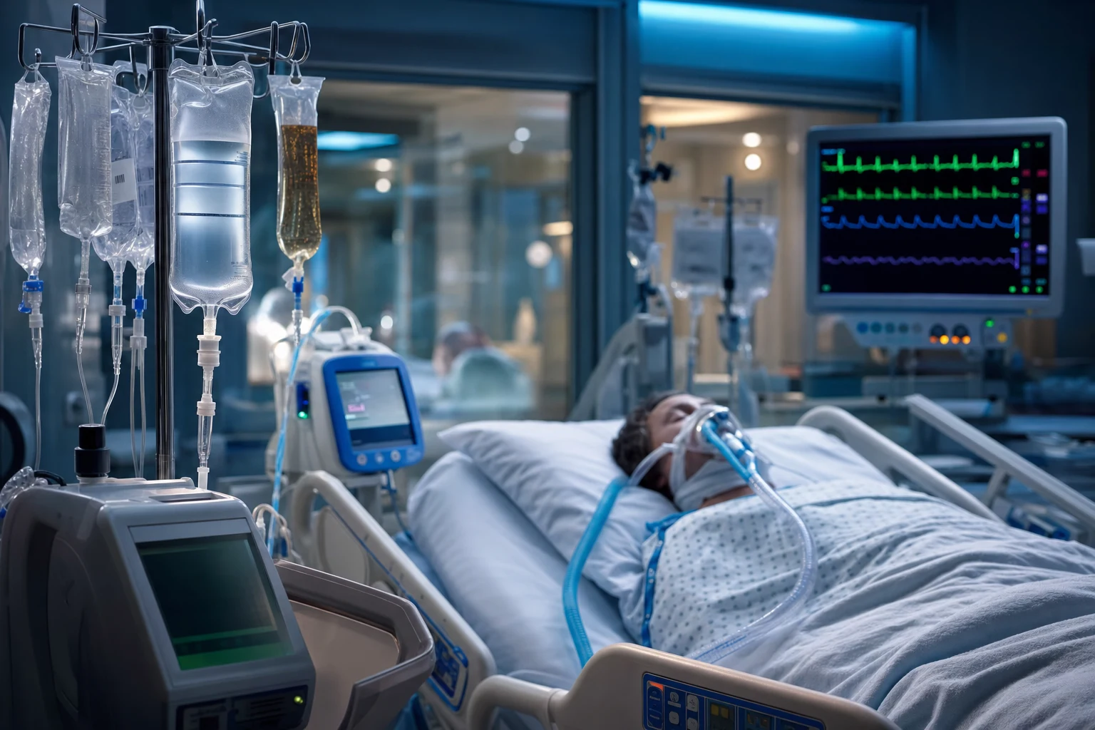 Cinematic ICU scene of a patient with multiple IV fluid bags on a pole, balanced crystalloid running through a rapid infuser, cardiac monitor, clinical-blue lighting
