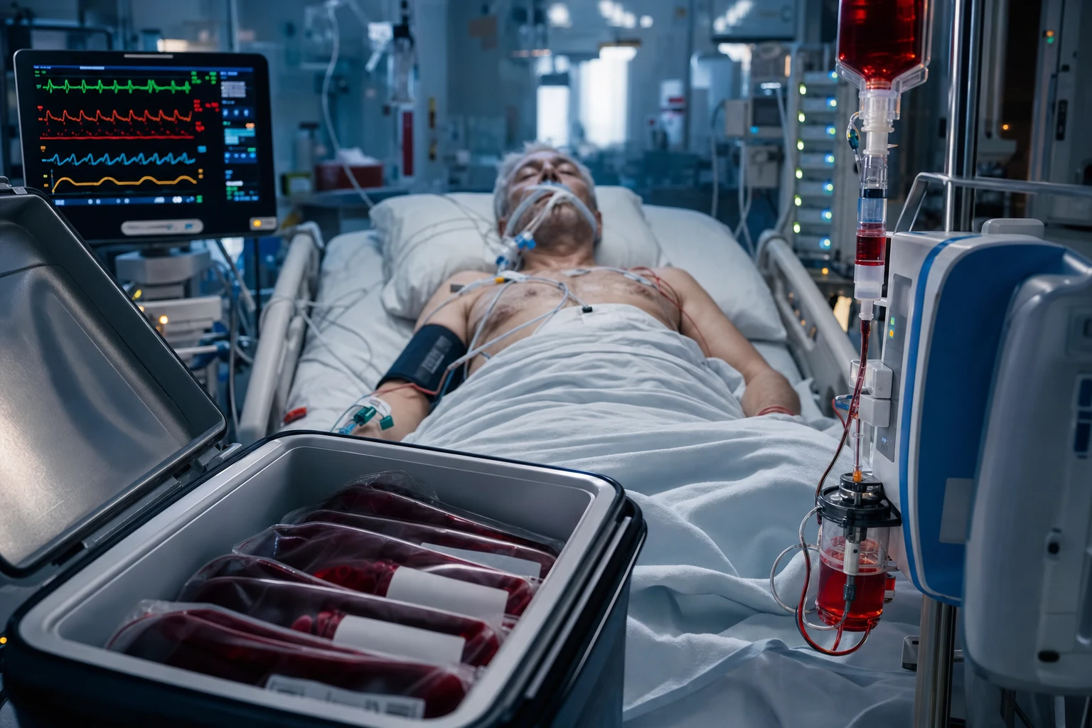 Cinematic ICU scene of a pale patient with a massive-transfusion cooler, rapid infuser running, cardiac monitor showing tachycardia, arterial line trace, clinical-blue lighting with urgency