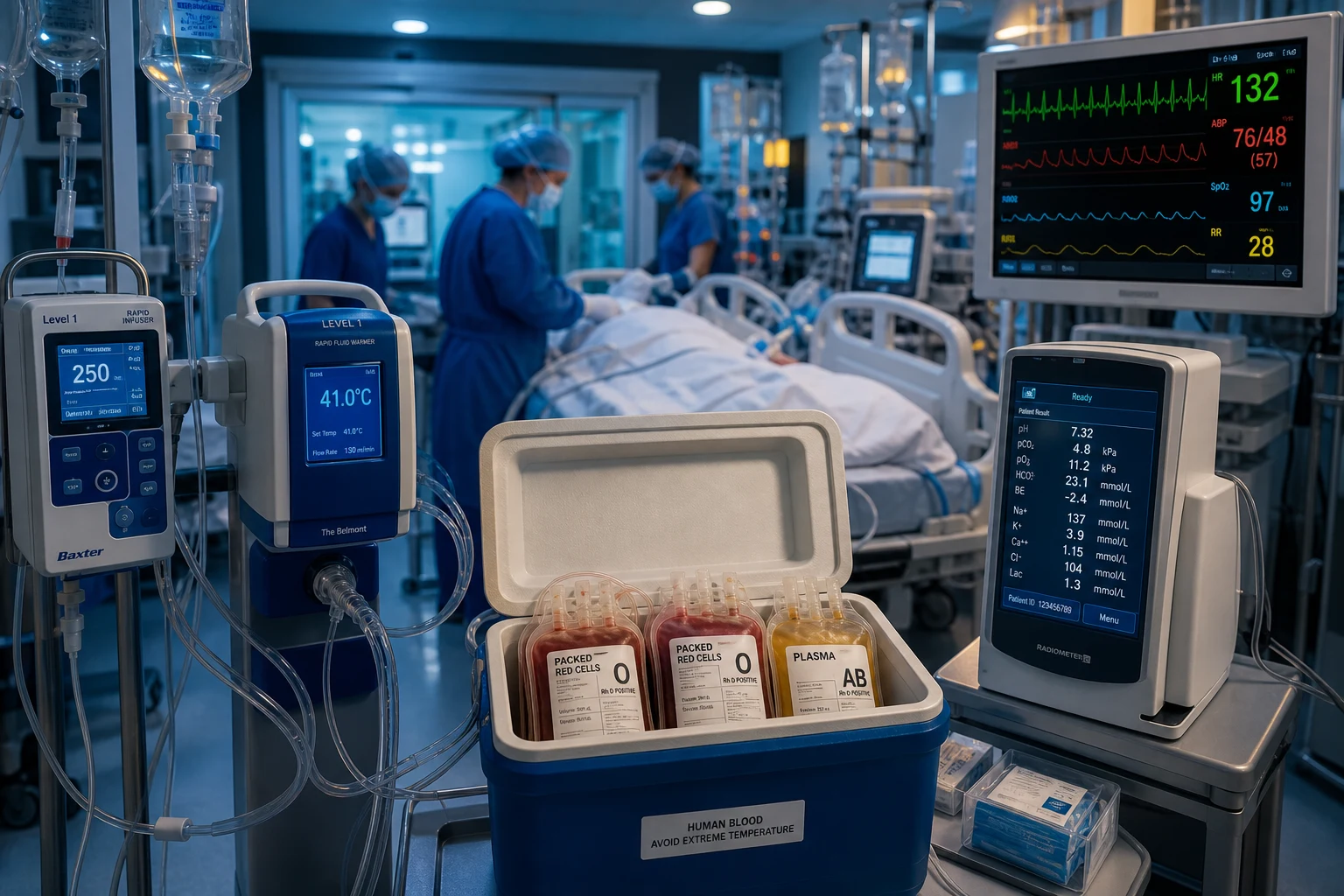 Cinematic ICU scene of a trauma resuscitation with a massive-transfusion cooler of packed red cells, plasma and platelets on a rapid infuser, a blood-gas analyser and warming unit, clinical-blue lighting with urgency