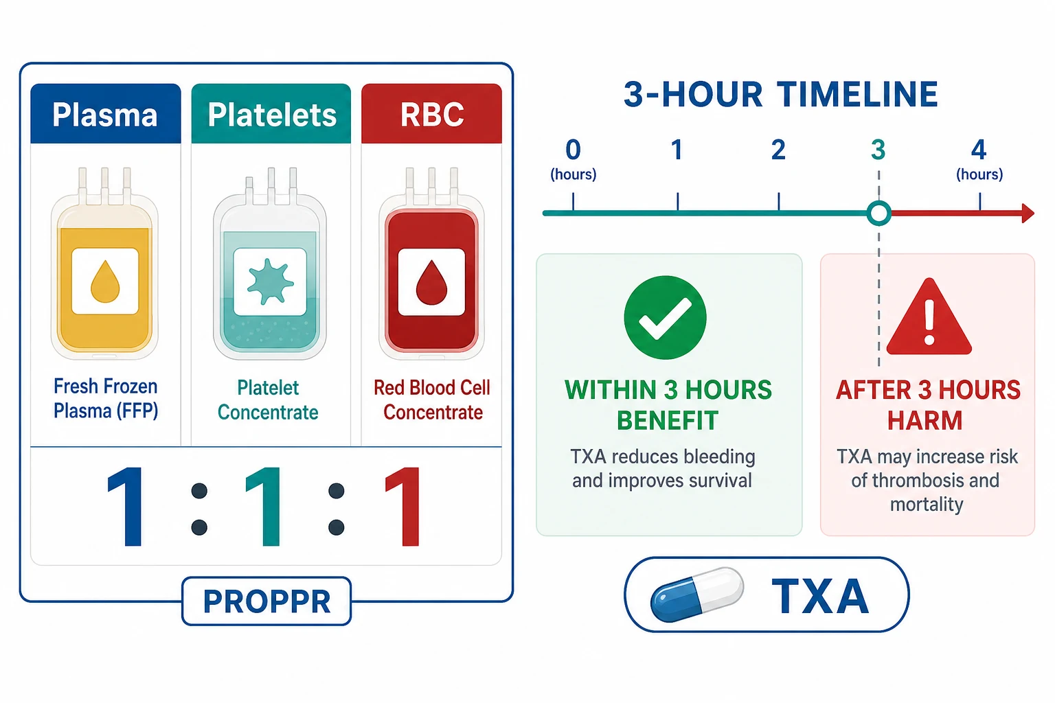 Two-panel infographic on a white clinical-blue background: LEFT three equal columns RBC, plasma, platelets labelled 1:1:1 (PROPPR); RIGHT a 3-hour timeline for tranexamic acid with a green zone (within 3 h, benefit) and red zone (after 3 h, harm)