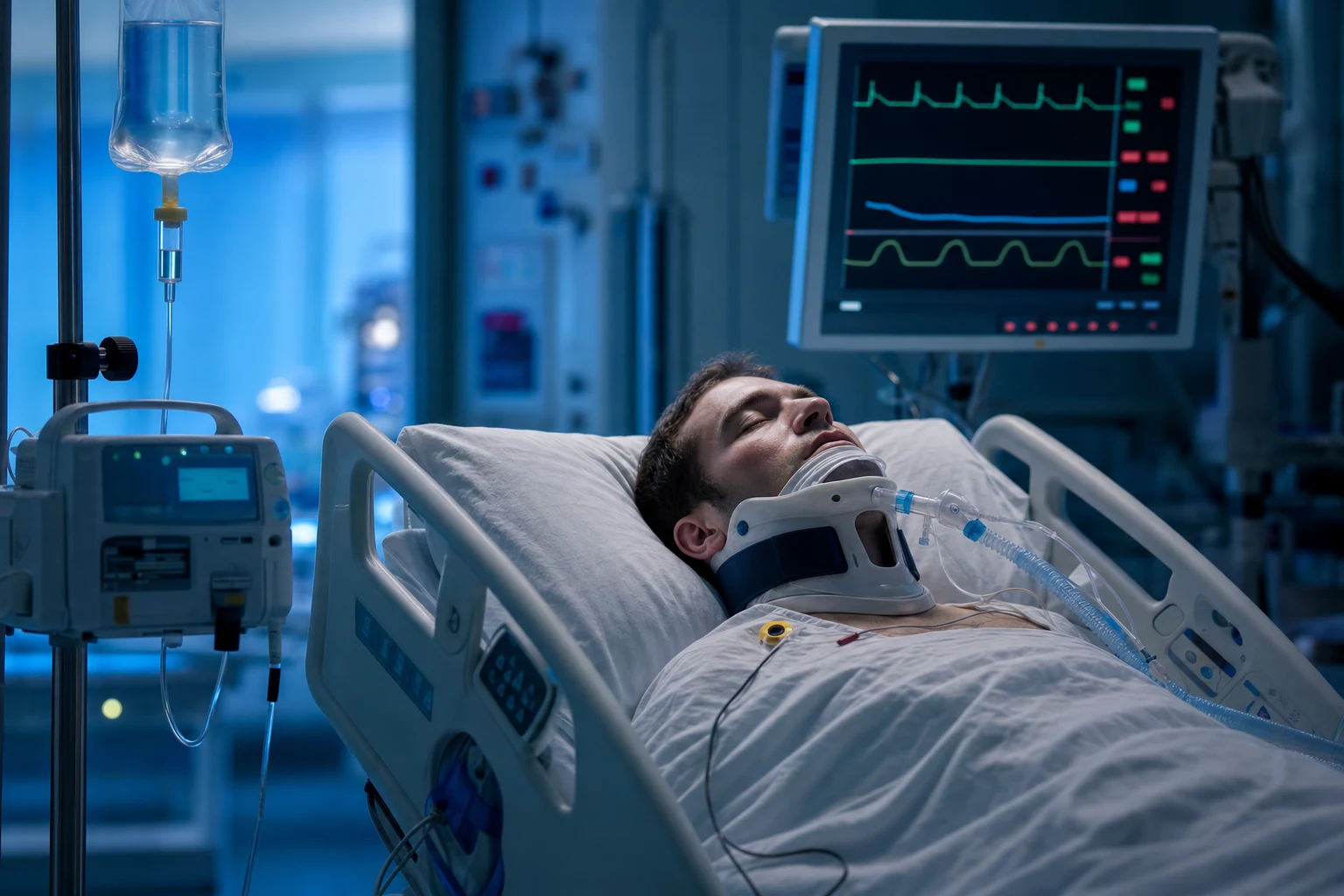 Cinematic ICU scene of a patient in a cervical collar, cardiac monitor bradicardia and hypotension, IV vasopressor running, clinical-blue lighting suggesting sympathetic loss