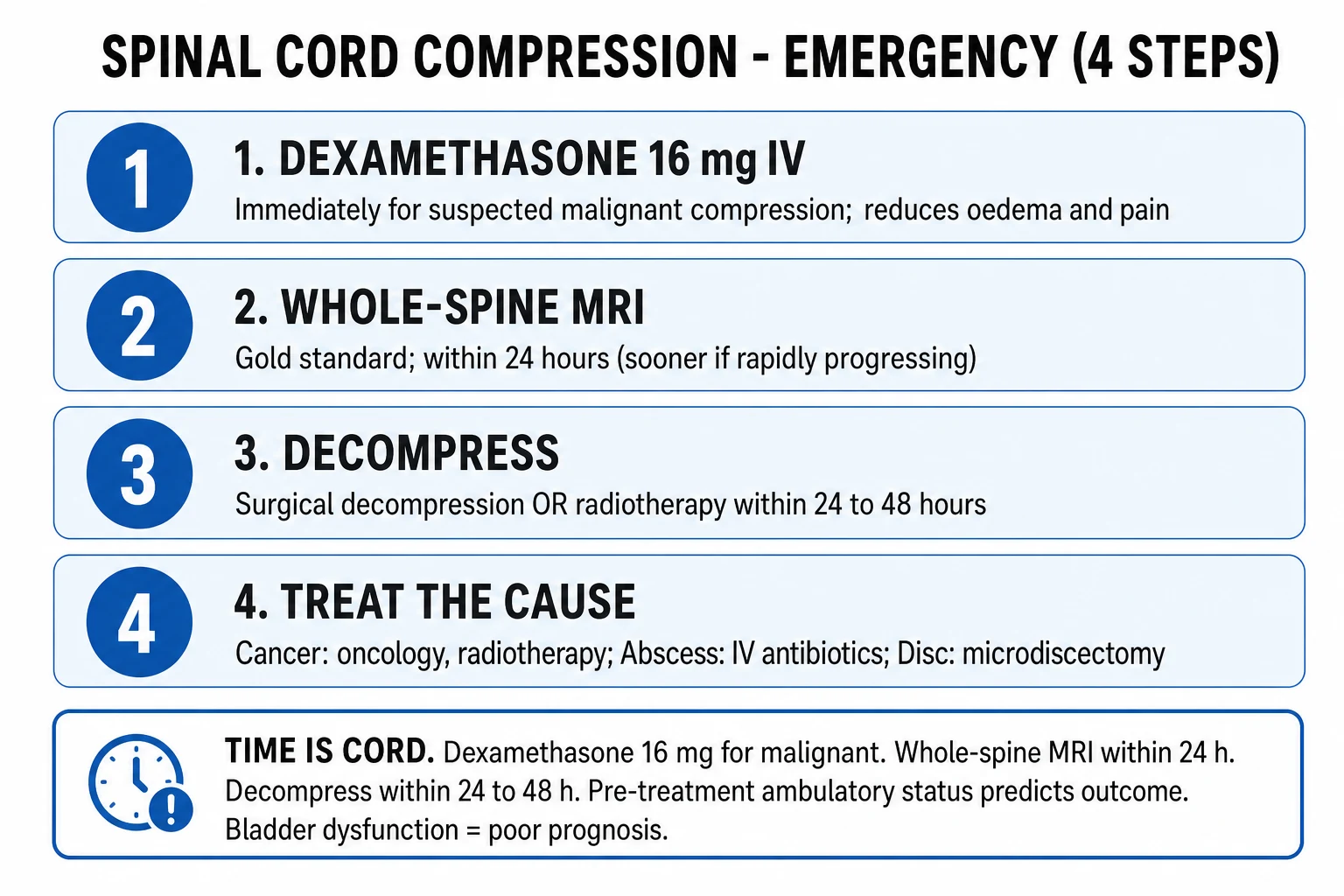 Neurogenic shock management ladder: exclude haemorrhage, arterial line, noradrenaline to MAP 85 to 90 mmHg for seven days, atropine for symptomatic bradycardia, early surgical decompression consideration, avoid routine high-dose steroids