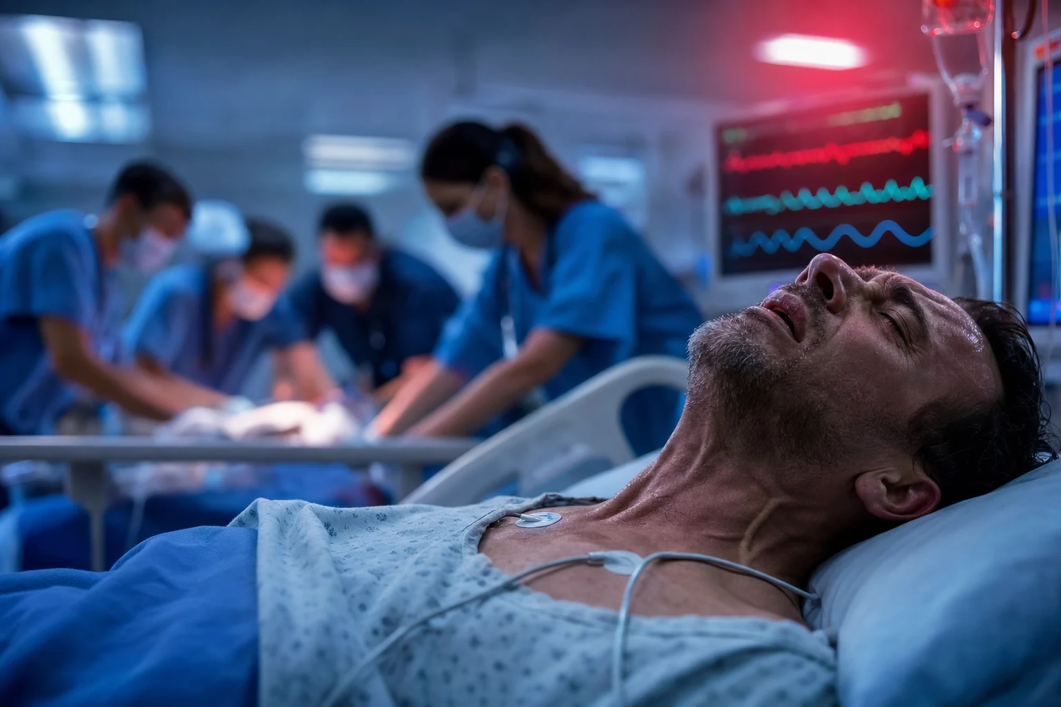Cinematic ICU scene of a patient in distress with distended neck veins, cardiac monitor showing hypotension with tachycardia, clinical-blue lighting with red urgency glow