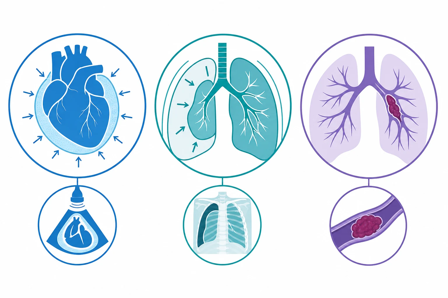Three panels: blue heart-squeezed-by-fluid (tamponade), teal lung-compressed-by-air (tension pneumothorax), purple blood-clot-in-vessel (massive PE), on a white clinical-blue background