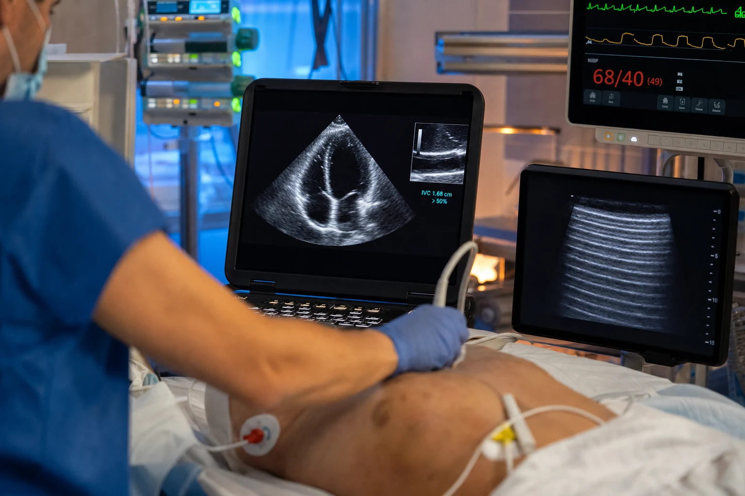 Cinematic ICU scene of a resuscitation in progress with a team around the bed, IV access secured, fluids and vasopressors drawn up, an ABCDE approach on a wall chart, clinical-blue lighting, medical educational, no faces, no text