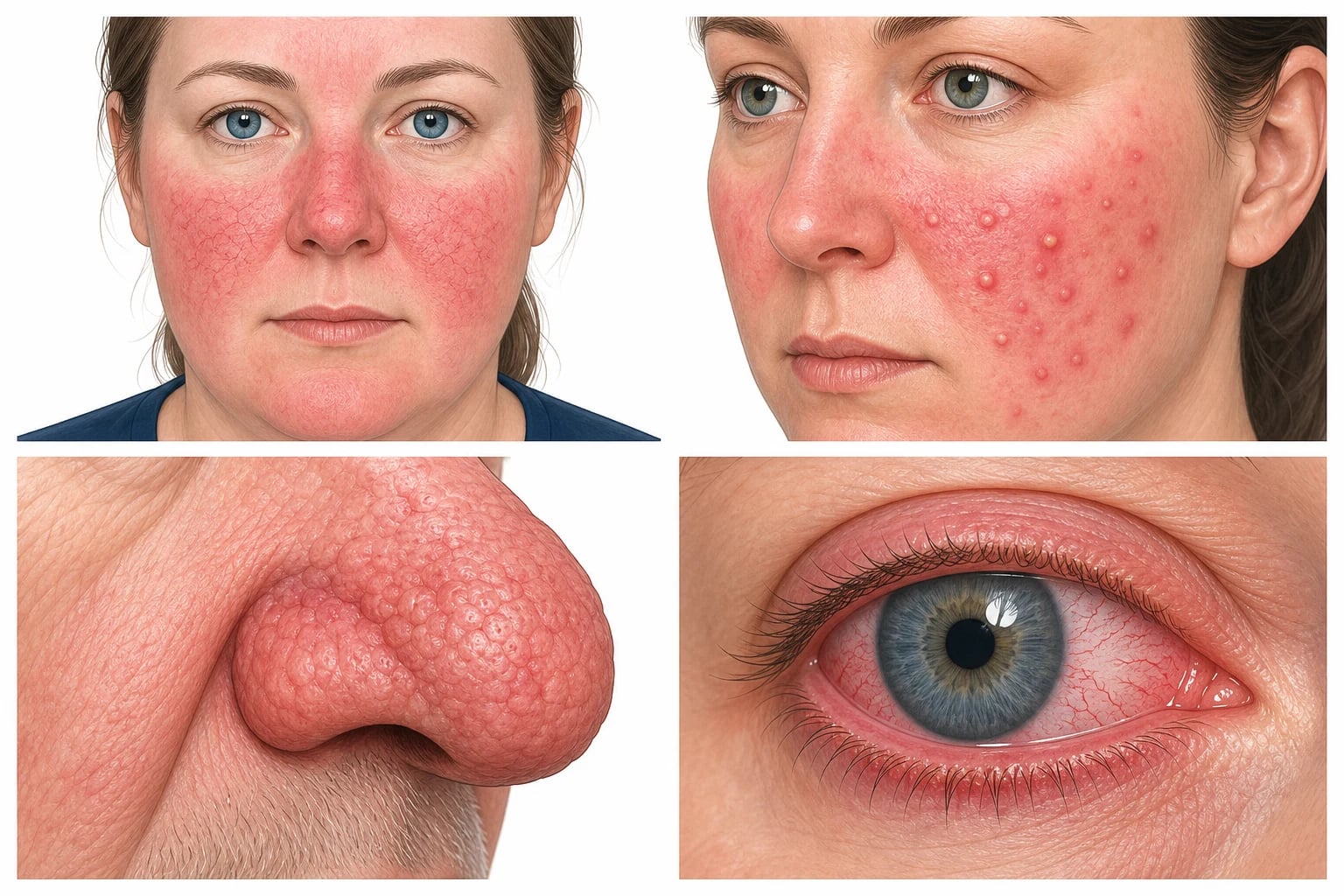 Four-panel infographic showing erythematotelangiectatic rosacea with flushing and telangiectasia, papulopustular with papules and pustules, phymatous rhinophyma, and ocular rosacea with blepharitis