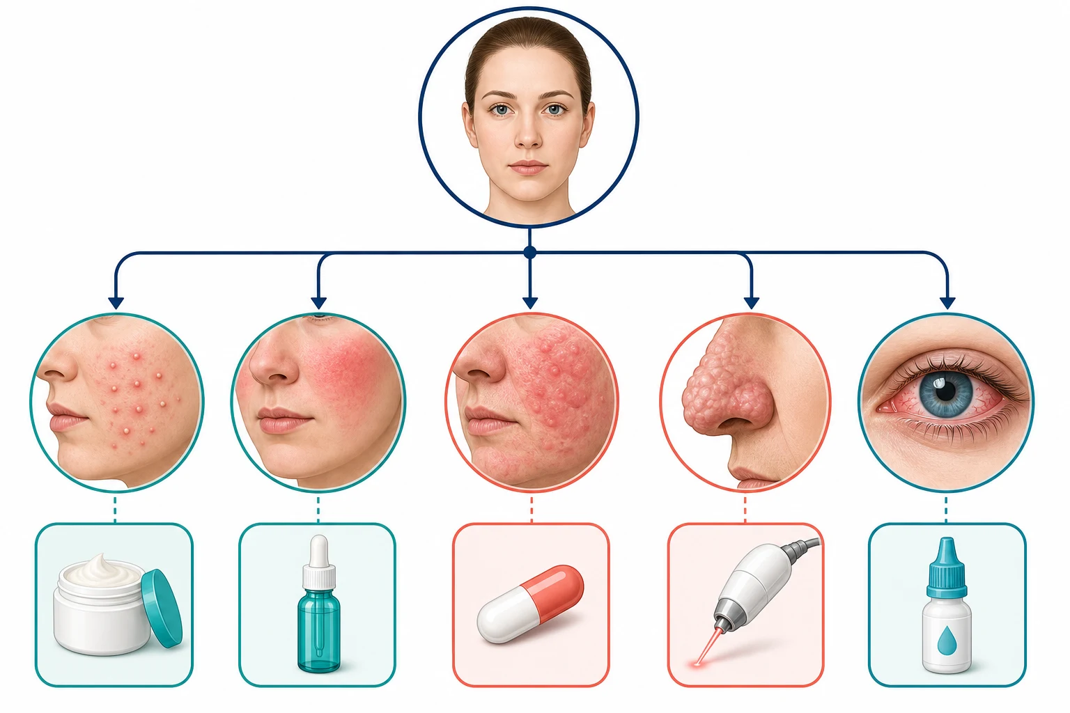 Flowchart of phenotype-directed rosacea management: erythema, papules/pustules, phymatous change and ocular features each branch to topical, systemic, procedural or ophthalmic therapy