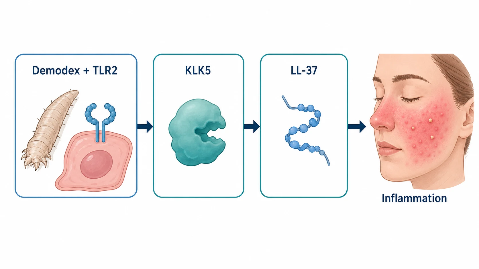 Diagram of rosacea pathophysiology showing Demodex mites activating TLR2 on keratinocytes, KLK5 release, LL-37 cathelicidin processing, neurovascular TRP channels, and downstream erythema papules and pustules