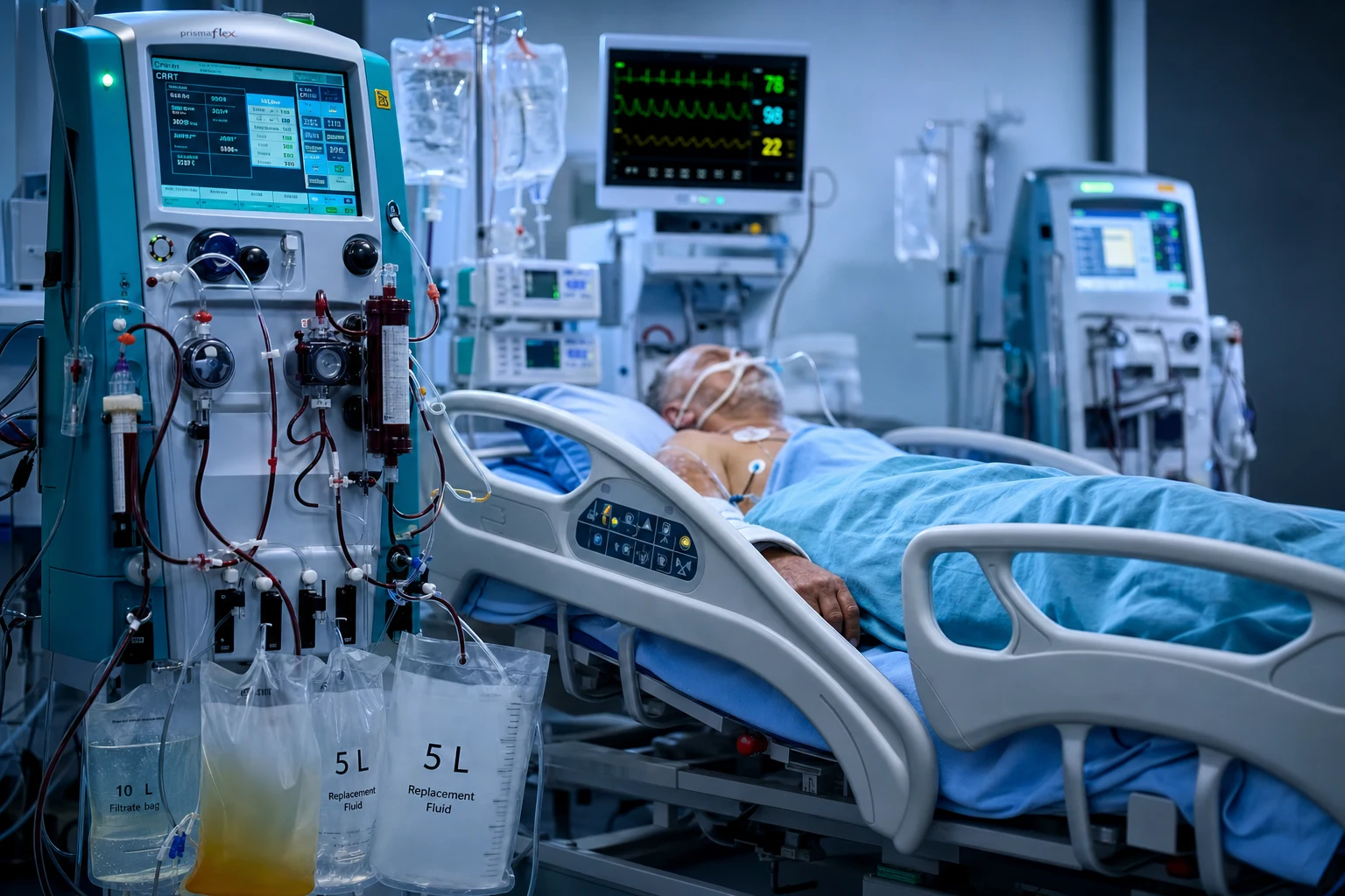 Cinematic ICU scene showing three renal replacement therapy setups side by side — a continuous CVVHDF machine at an unstable patient on vasopressors, an intermittent haemodialysis chair in the background, and a sustained low-efficiency dialysis machine as a hybrid, clinical-blue lighting, medical educational, no faces, no text