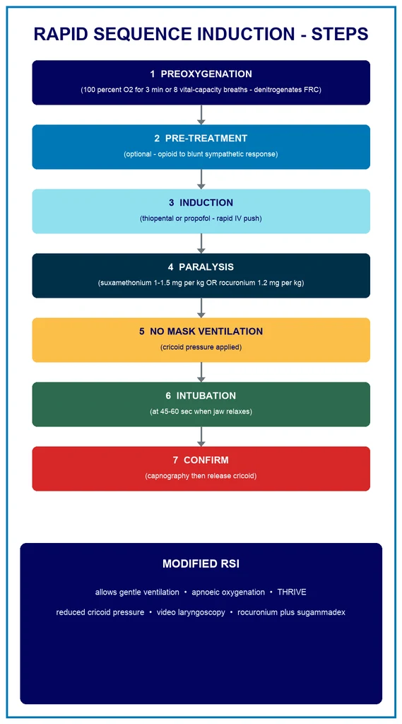 Rapid sequence induction (RSI) and modified RSI — preoxygenation, the cricoid pressure debate, and the modern approach