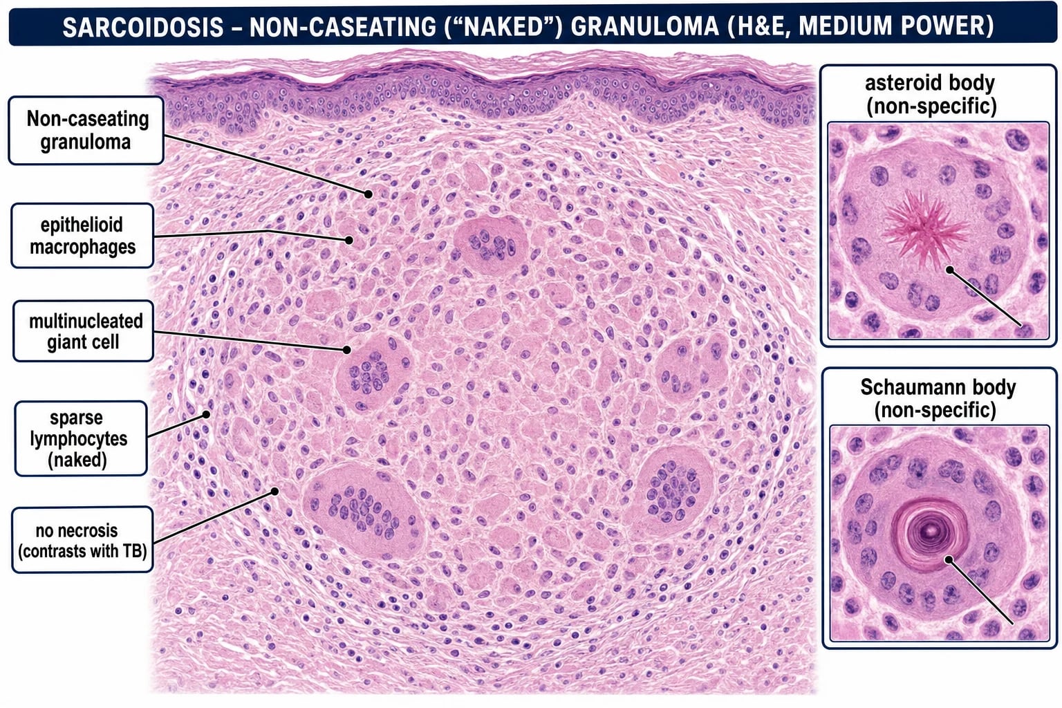 H&E showing a non-caseating 'naked' granuloma: epithelioid macrophages and multinucleated giant cells with sparse surrounding lymphocytes, no central necrosis. Insets: asteroid body and Schaumann body.