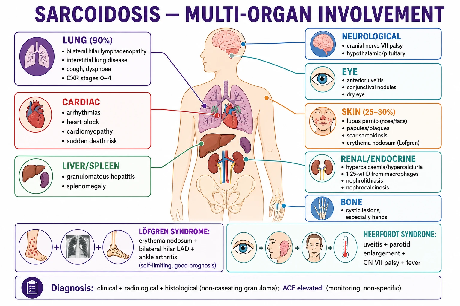 Multi-organ involvement infographic: lung (90%, bilateral hilar lymphadenopathy, interstitial disease), eye (uveitis), cardiac (arrhythmias, sudden death), neuro (CN VII palsy), renal/endocrine (hypercalcaemia), liver/spleen, bone cysts. Named syndromes: Löfgren (EN + BHL + ankle arthritis) and Heerfordt (uveitis + parotid + CN VII + fever).