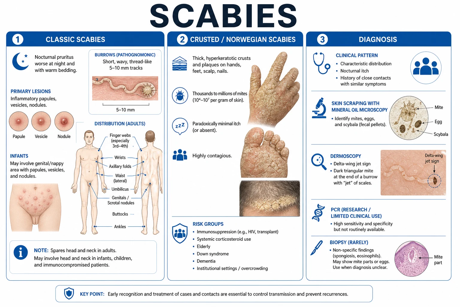 Clinical classification of scabies showing classical, crusted, nodular, bullous, scabies incognito, and animal-transmitted variants