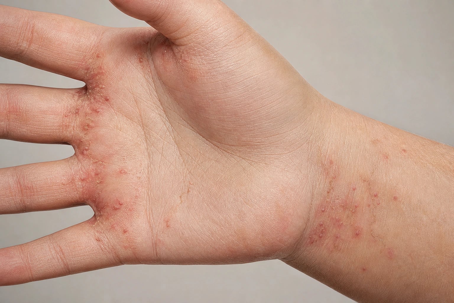 Burrows and excoriated erythematous papules in the finger web spaces and on the wrist characteristic of scabies