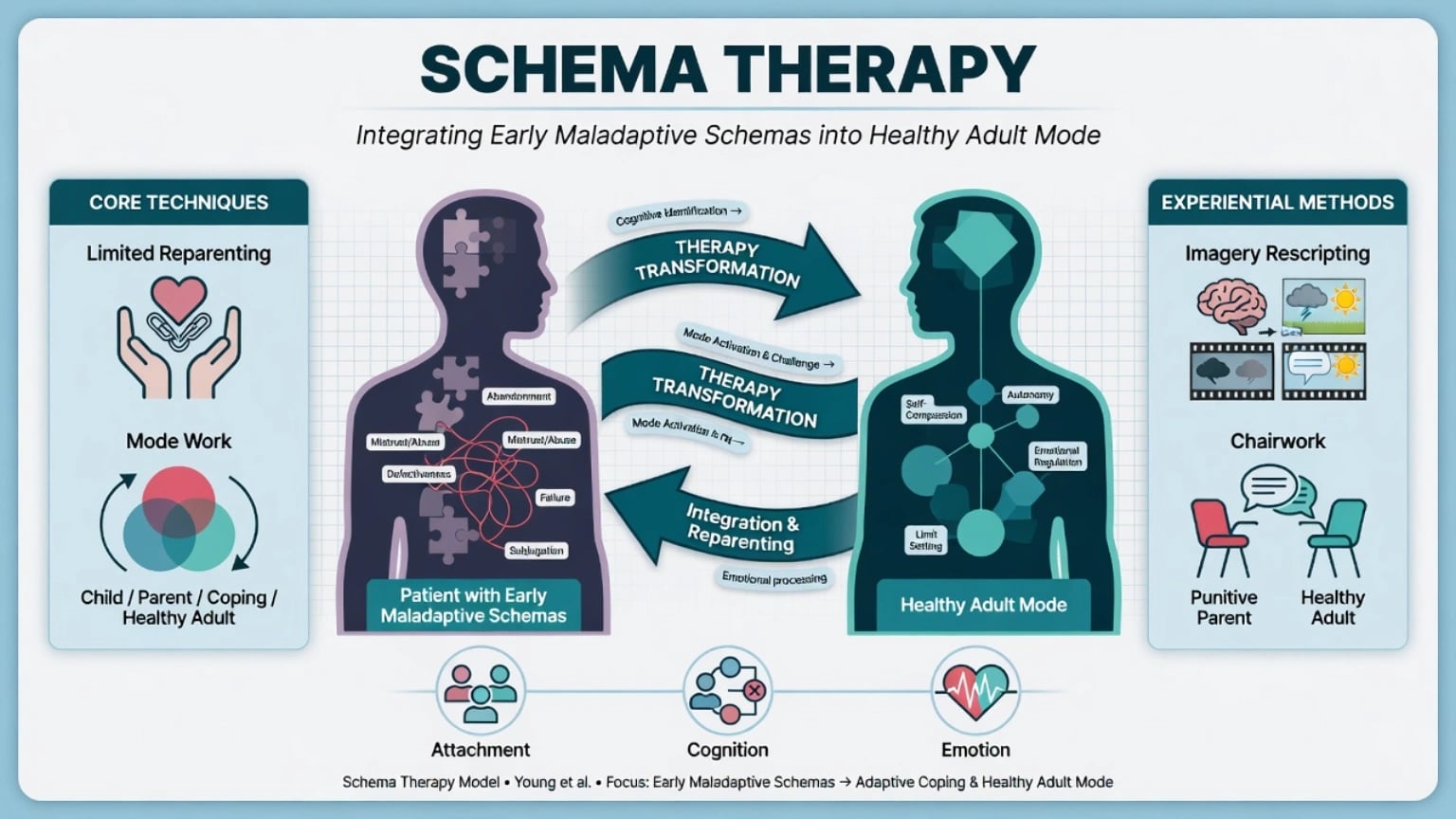 Educational poster of schema therapy transforming early maladaptive schemas into healthy adult mode