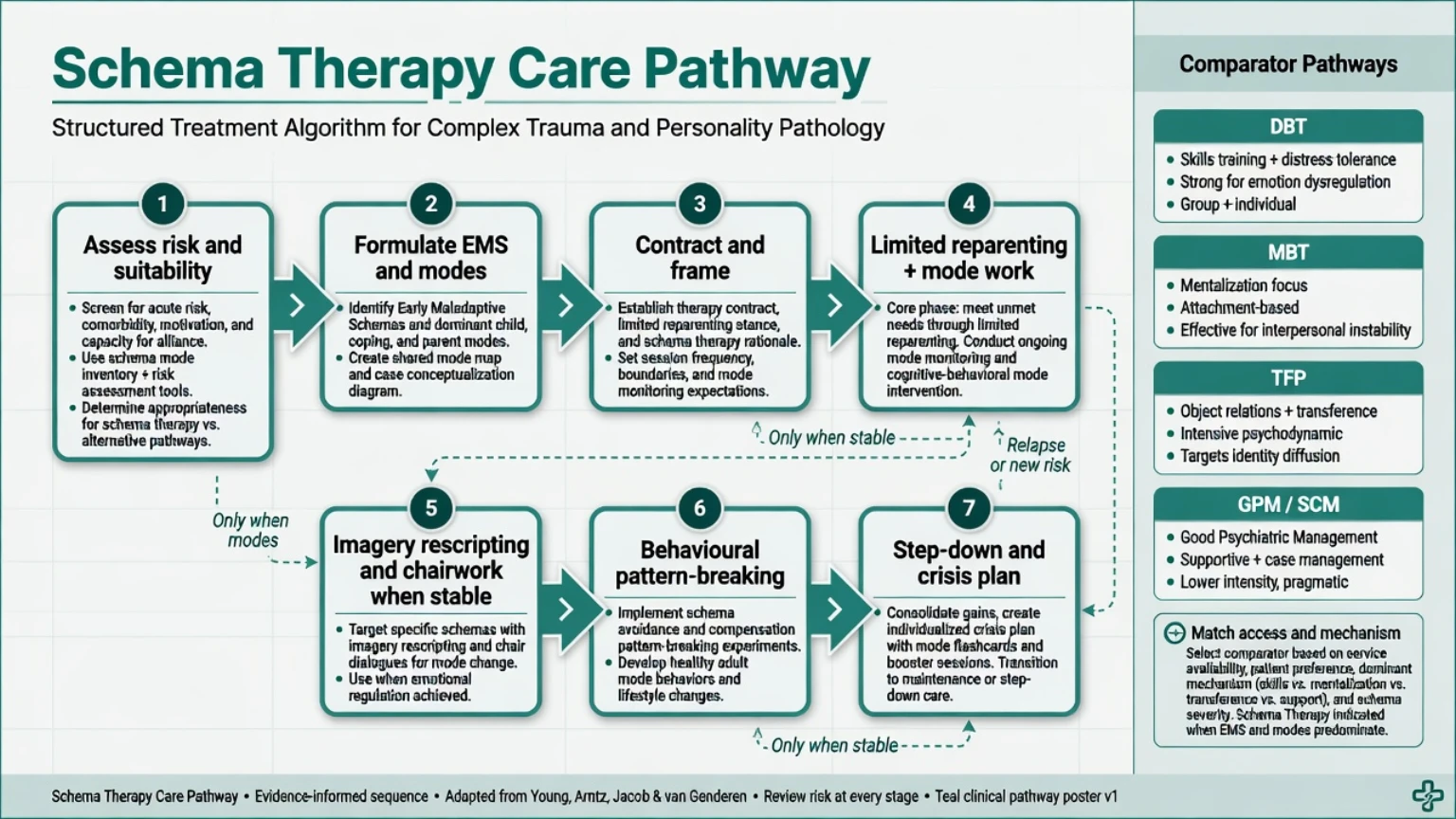 Seven-step schema therapy care pathway with comparator pathways DBT MBT TFP GPM