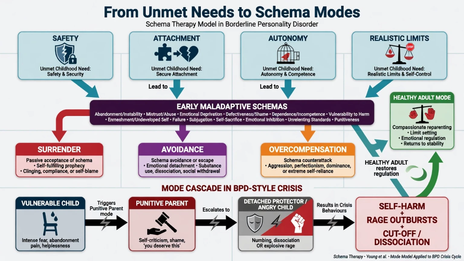 Flow from unmet childhood needs through EMS and coping styles to mode cascade and crisis behaviours