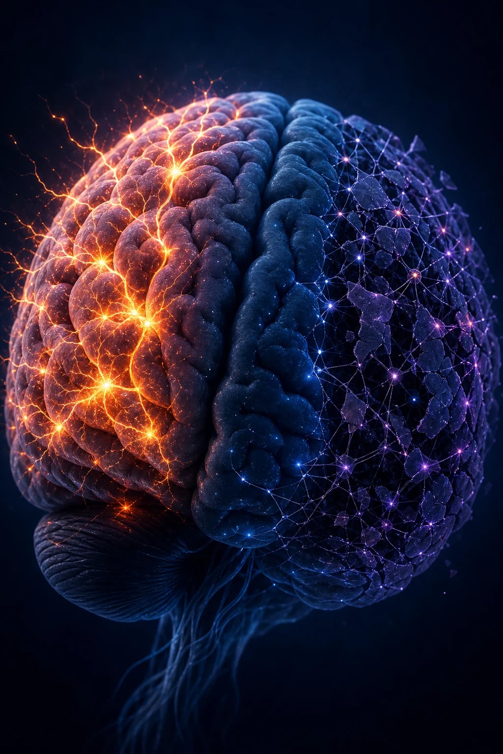 Schizophrenia overview: a mind split between positive symptoms (hallucinations, delusions), negative symptoms (flat affect, withdrawal) and cognitive impairment